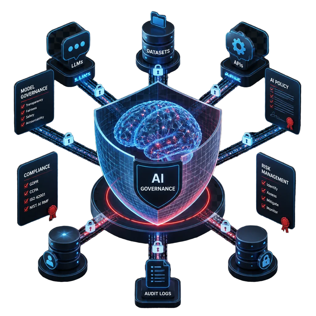 Ilustración isométrica de gobernanza de IA empresarial: cerebro neuronal protegido por un escudo, con LLMs, datasets, APIs, políticas de uso y auditoría continua.