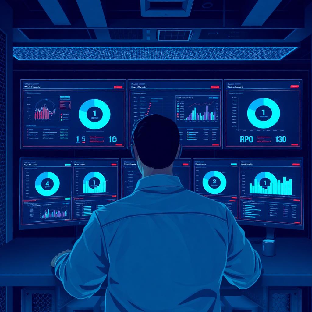 Ingeniero BITS monitoreando dashboards de RPO/RTO, jobs de backup inmutable y replicación a la nube