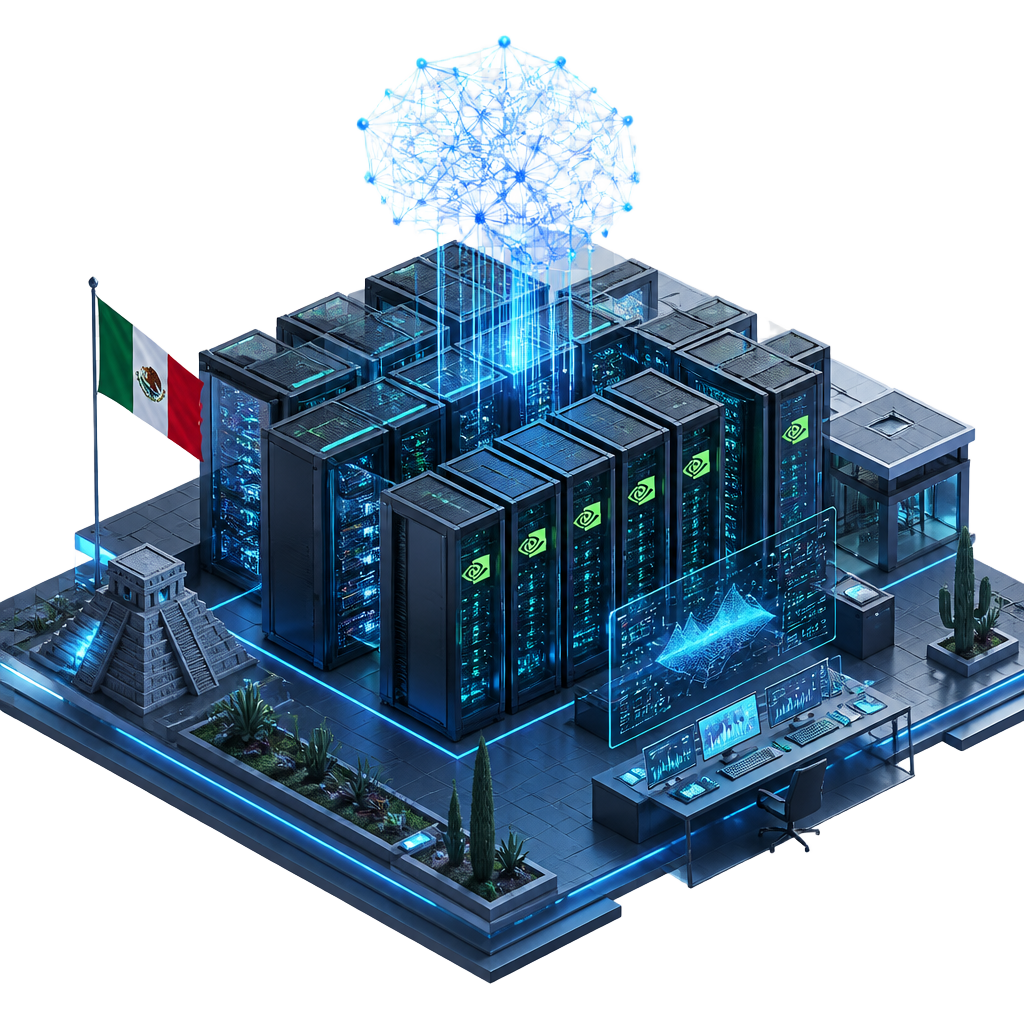Ilustración isométrica de un Data Center GPU para IA en México: racks de servidores NVIDIA con redes neuronales, dashboards holográficos y nodos de inferencia conectados.