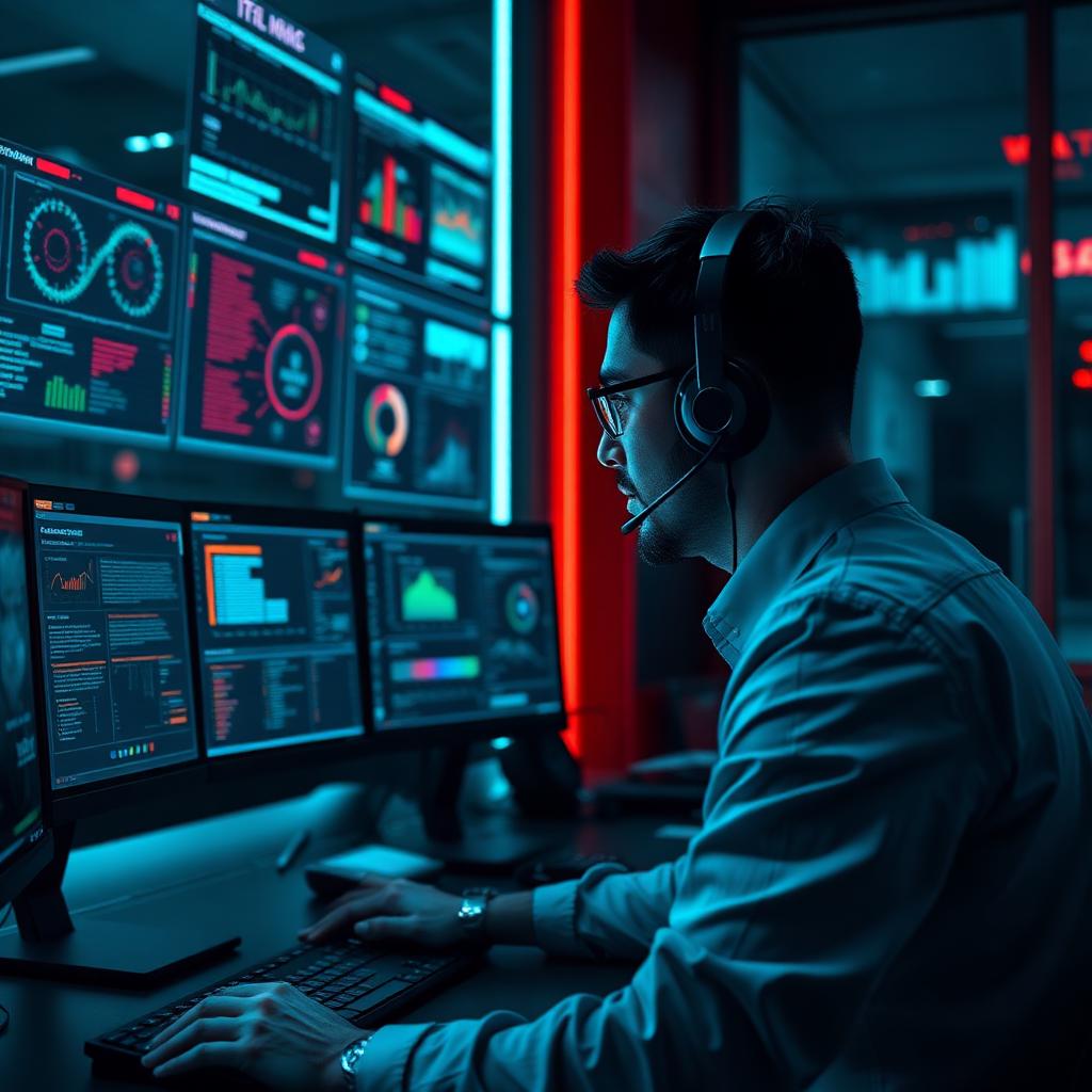 Operador de mesa de servicio ITSM trabajando con dashboards de tickets, SLA y métricas ITIL