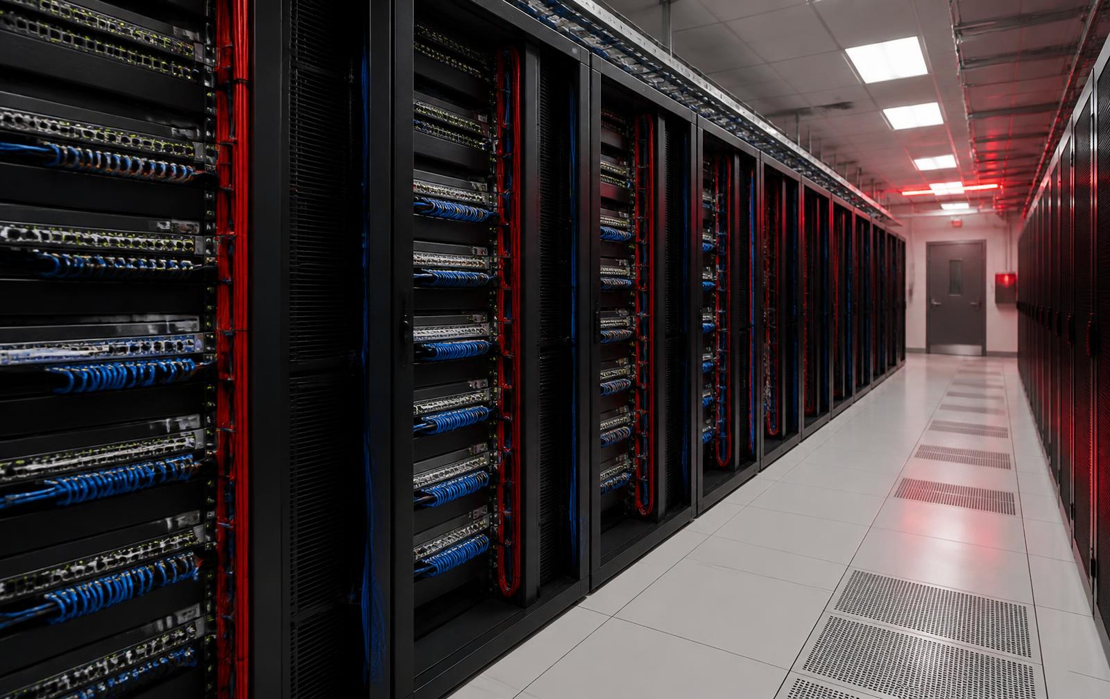 Mega contact center telecom room with network racks and patch cords dressed through vertical cable managers