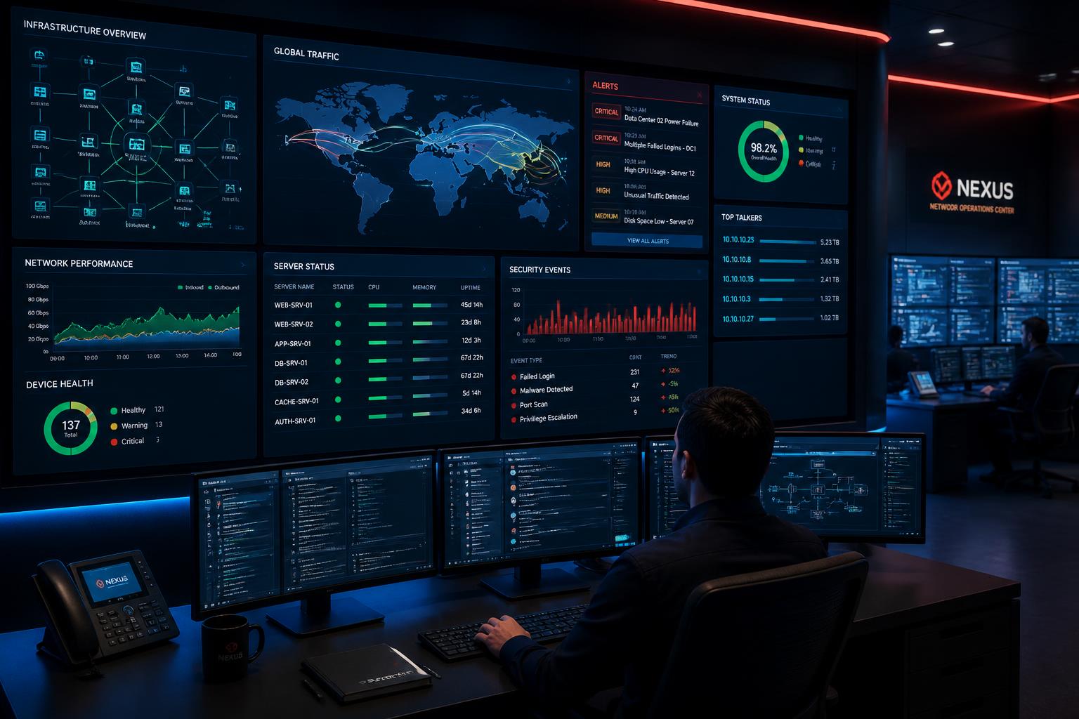 Centro de operaciones NOC BITS con dashboards de monitoreo en vivo