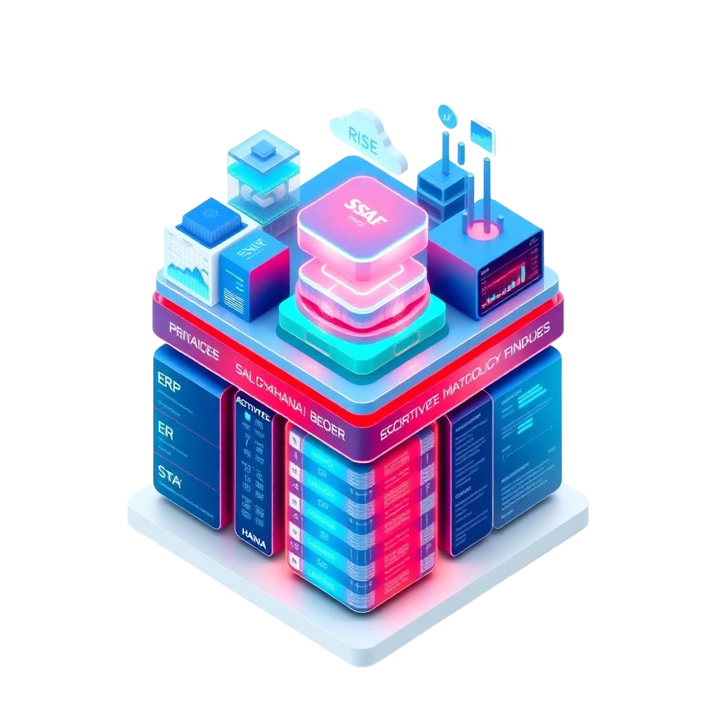 Isometric SAP S/4HANA stack with ERP, HANA and RISE modules operated by BITS