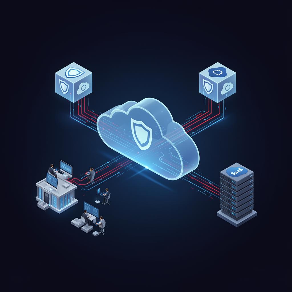 Diagrama isométrico de arquitectura SASE completa: red y seguridad convergidas en la nube