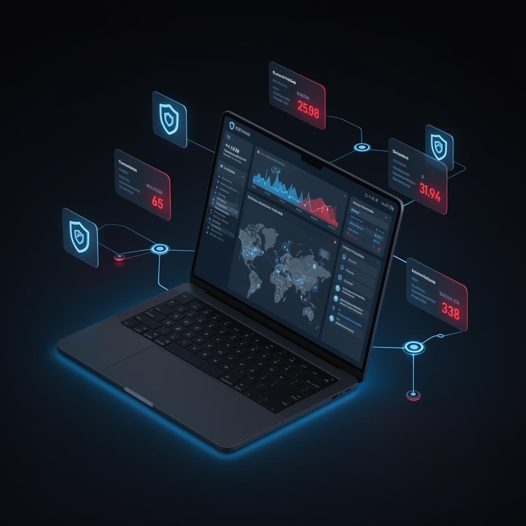 Dashboard de monitoreo SASE en laptop mostrando mapa global y métricas de seguridad