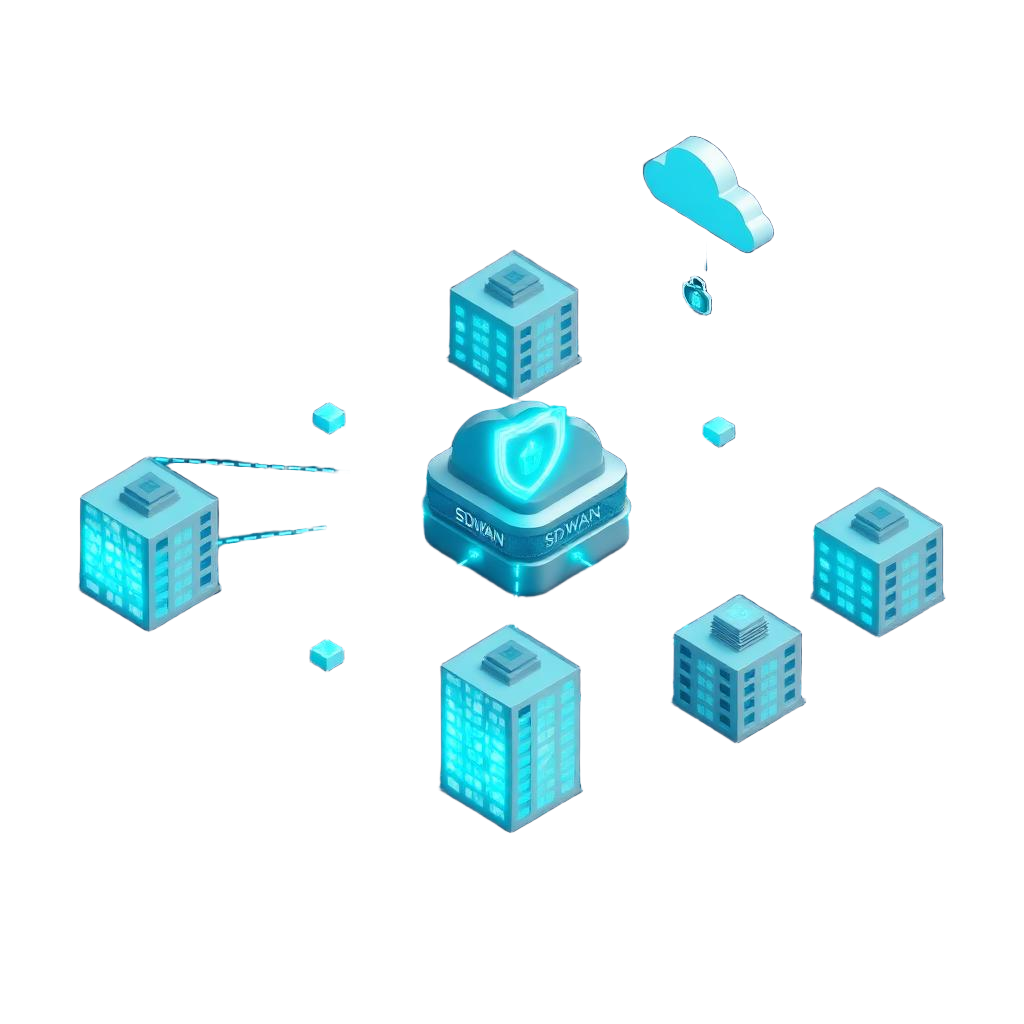 Ilustración isométrica de arquitectura SD-WAN y SASE: hub central de seguridad en la nube conectando sucursales con enlaces inteligentes, túneles cifrados y políticas QoS.