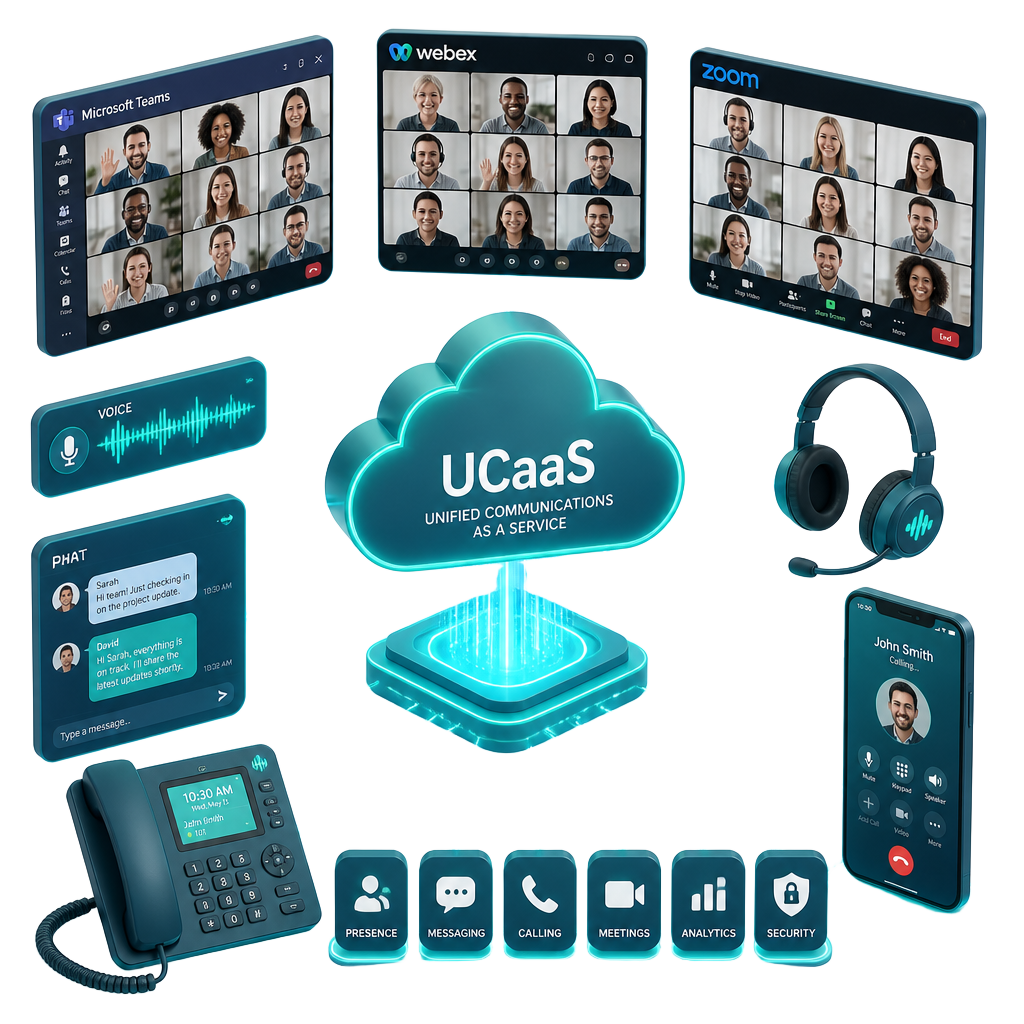 Ilustración isométrica de UCaaS: plataforma de comunicaciones unificadas con Microsoft Teams, Webex y Zoom integrando voz, video, chat, headset y teléfonos IP en una sola nube.