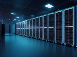 Server racks in computer network security server room data center 3D render dark blue Generative AI